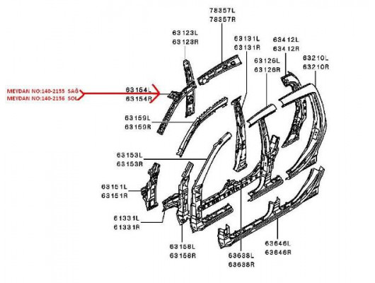 MITSUBISHI L200- PICK UP- 06/15; ÖN DİREK ÜST IÇ SACI SAĞ TAVAN ÖN KISMINA TAKILAN ÇİFT KABİN(OR