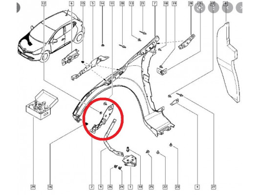 RENAULT CLIO- 4- HB- 13/16; ÖN ÇAMURLUK BAĞLANTI SUPORTU SAĞ (UÇ KISIM) (SAC) (EAGLE BODY)