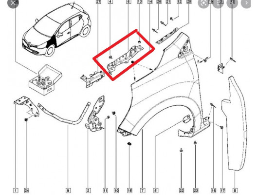 RENAULT CLIO- 4- HB- 13/16; ÖN ÇAMURLUK BAĞLANTI SUPORTU SOL (ORTA KISIM) (SAC) (EAGLE BODY)