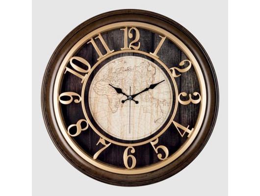 1965-VA DUVAR SAATİ KAHVERENGİ ÇERÇEVELİ İÇİ KAHVE-KAKREM HARİTALI 45CM KABARTMA RAKAMLI SELEFON KORUMALI AMERİKAN BRİS.KADRAN METALİK AKREP/YELKOVAN/SANİYE AKAR SANİYELİ MEKANİZMA AKRİLİK BOYA