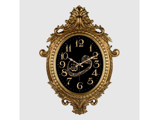 731-VAV DUVAR SAATİ ALTIN SARISI ÇERÇEVE ALLAH /VAV YAZILI ÇAP:73cm x 54cm VİNTAGE TAÇLI EKSİTME DEKORATİF AMERİKAN BRİSTOL KADRAN AKAR SANİYELİ MEKANİZMA AKRİLİK BOYA MİNERAL CAM