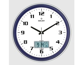 DUVAR SAATİ LACİVERT-GRİ ÇİZGİ ÇERÇEVELİ 35.5CM TAKVİMLİ TERMOMETRELİ HİGROMETRELİ ANALOG VE DİJİTAL GÖSTERGELİ AMERİKAN BRİSTOL KADRAN AKAR SANİYELİ MEKANİZ METALİK AKREP/YELOKOVAN/SANİYE MİNERAL CAM