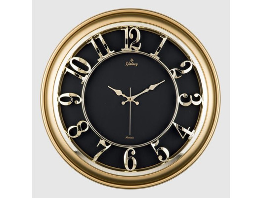 M-1965-A-1 DUVAR SAATİ ALTIN SARISI ÇERÇEVELİ İÇİ SİYAH 45CM KABARTMA RAKAMLI SELEFON KORUMALI AMERİKAN BRİSTOL KADRAN METALİK AKREP/YELKOVAN/SANİYE AKAR SANİYELİ MEKANİZMA AKRİLİK BOYA MİNERAL C