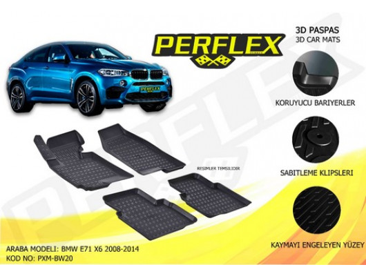 PERFLEX 3D X-MAT HAVUZLU PASPAS ÇEŞİTLERİ SİYAH BMW E71 X6 2008-2014 3D X-MAT 5 PCS