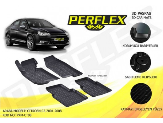 PERFLEX 3D X-MAT HAVUZLU PASPAS ÇEŞİTLERİ SİYAH CITROEN C5 2001-2008 3D X-MAT 5 PCS