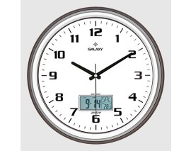 T-1971-FG DUVAR SAATİ KAHVE-GRİ ÇİZGİ ÇERÇEVELİ 35.5CM TAKVİMLİ TERMOMETRELİ HİGROMETRELİ ANALOG VE DİJİTAL GÖSTERGELİ AMERİKAN BRİSTOL KADRAN AKAR SANİYELİ MEKANİZ METALİK AKREP/YELOKOVAN/SANİYE