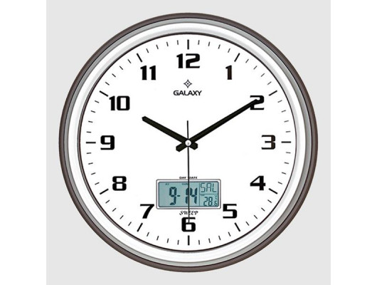 T-1971-FG DUVAR SAATİ KAHVE-GRİ ÇİZGİ ÇERÇEVELİ 35.5CM TAKVİMLİ TERMOMETRELİ HİGROMETRELİ ANALOG VE DİJİTAL GÖSTERGELİ AMERİKAN BRİSTOL KADRAN AKAR SANİYELİ MEKANİZ METALİK AKREP/YELOKOVAN/SANİYE