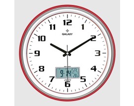 T-1971-NG DUVAR SAATİ KIRMIZI-GRİ ÇİZGİ ÇERÇEVELİ 35.5CM TAKVİMLİ TERMOMETRELİ HİGROMETRELİ ANALOG VE DİJİTAL GÖSTERGELİ AMERİKAN BRİSTOL KADRAN AKAR SANİYELİ MEKANİZ METALİK AKREP/YELOKOVAN/SANİYE