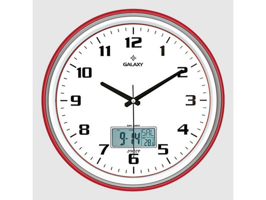 T-1971-NG DUVAR SAATİ KIRMIZI-GRİ ÇİZGİ ÇERÇEVELİ 35.5CM TAKVİMLİ TERMOMETRELİ HİGROMETRELİ ANALOG VE DİJİTAL GÖSTERGELİ AMERİKAN BRİSTOL KADRAN AKAR SANİYELİ MEKANİZ METALİK AKREP/YELOKOVAN/SANİYE